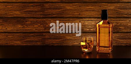 glass and bottle of whiskey / brandy and ice cubes scotch on the rocks backlit back lit against a wood wooden background Stock Photo