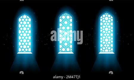 Window of mosque with arabic grating pattern, stained-glass window with laced ornament in oriental style, interior , vector Stock Vector