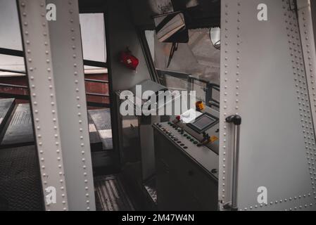 Dashboard inside of the cabin funicular cable railway train. Stock Photo