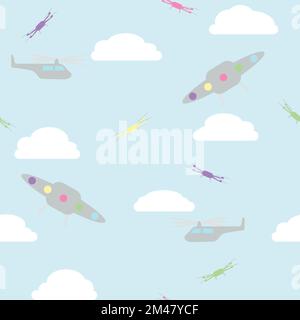 Helicopters, flying saucers, and drones among the clouds, childish seamless pattern Stock Vector