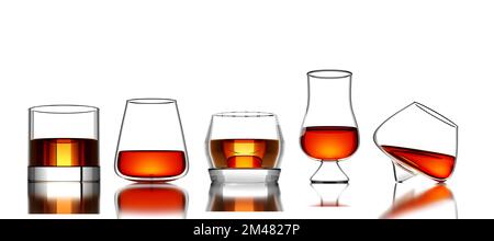 Set of Scotch Whisky, bourbon or rum in a Glass on White background - 3D Illustration Rendering Stock Photo