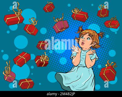 Joyful happy girl. Red gift boxes. Birthday or christmas background Stock Vector
