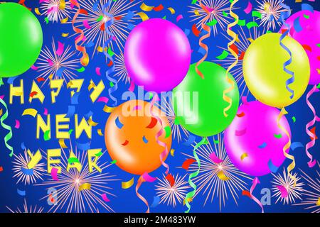 3d rendering of Happy New Year celebration with balloons and streamers decoration Stock Photo