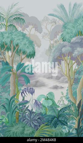 Jungle landscape with trees and plants. Vector interior print Stock Vector