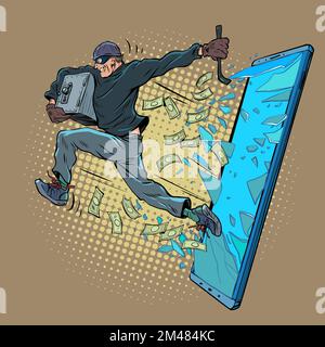 A thief steals electronic money through a smartphone. Internet fraud, data theft by hackers Stock Vector