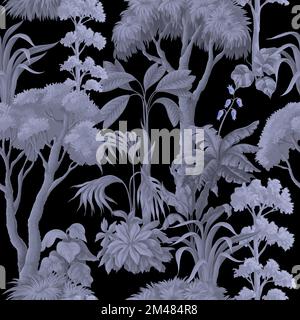 Seamless pattern with monochrome jungle trees and plant. Vector. Stock Vector