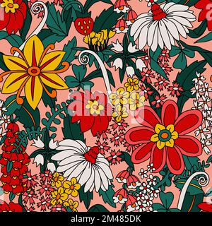 Seamless pattern with big flowers in hippie style. Vector. Stock Vector