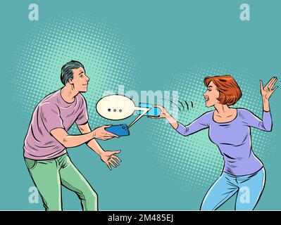 two people husband and wife communicate in a messenger on the phone Stock Vector