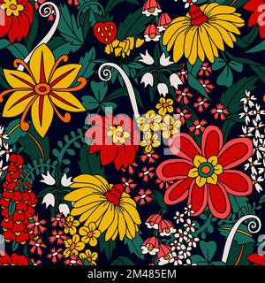 Seamless pattern with big flowers in hippie style. Vector. Stock Vector