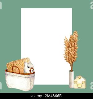 Watercolor illustration interior of living room with wicker basket, toy lama, ceramic houses lanterns and vase with dried flower. Clipart frame. Home Stock Photo