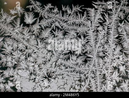 Frosty natural pattern at the hoarfrost covered window. Natural phenomenon concept. Abstract nature background. Stock Photo