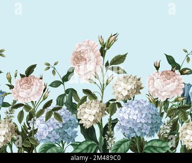 Border with hydrangeas and roses. Vector. Stock Vector