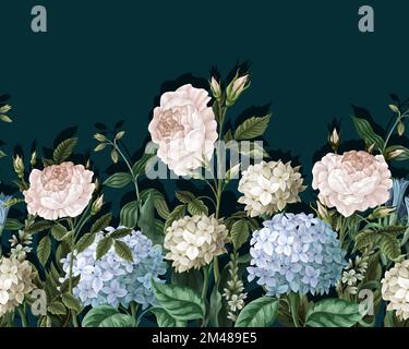 Border with hydrangeas and roses. Vector. Stock Vector