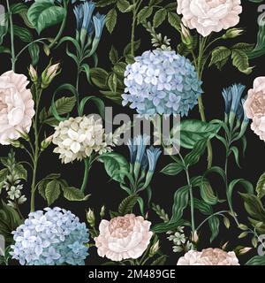 Seamless pattern with hydrangeas and roses. Vector. Stock Vector