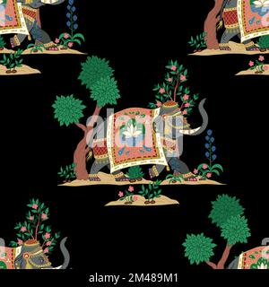 Seamless pattern with Indian elephants and decorative elements. Vector. Stock Vector