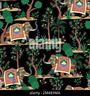 Seamless pattern with Indian elephants and decorative elements. Vector. Stock Vector