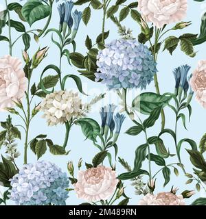 Seamless pattern with hydrangeas and roses. Vector. Stock Vector