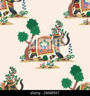 Seamless pattern with Indian elephants and decorative elements. Vector. Stock Vector