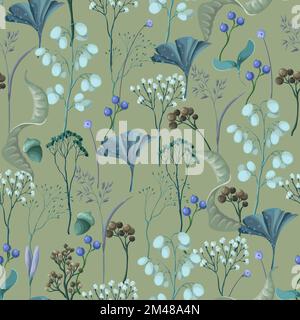 Seamless pattern with autumn leaves and dried plants. Vector. Stock Vector