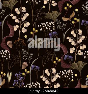 Seamless pattern with autumn leaves and dried plants. Vector. Stock Vector
