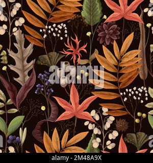 Seamless pattern with autumn leaves and dried plants. Vector. Stock Vector
