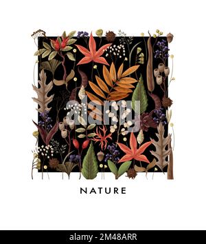 Card with autumn leaves and dried plants isolated. Vector Stock Vector