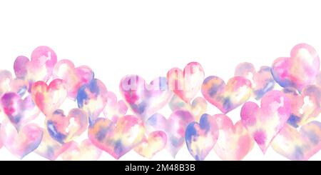 Light pink hearts horizontal seamless border, watercolor painting with copy space for decoration on wedding events and Valentine's day Stock Photo