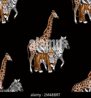 Seamless pattern with tiger, zebra and giraffe. Vector. Stock Vector