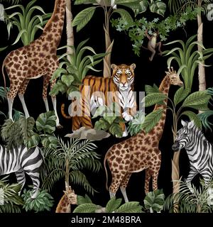 Seamless pattern with wild animals and jungle trees for kids. Vector. Stock Vector