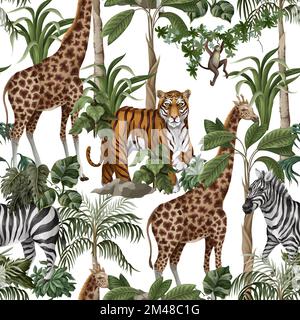 Seamless pattern with wild animals and jungle trees for kids. Vector. Stock Vector