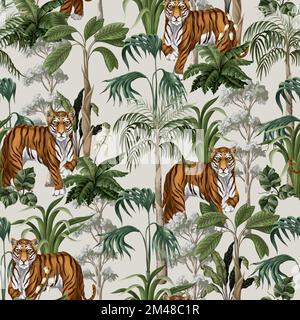 Seamless pattern with tiger and jungle trees. Vector. Stock Vector