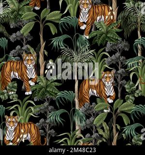 Seamless pattern with tiger and jungle trees. Vector. Stock Vector