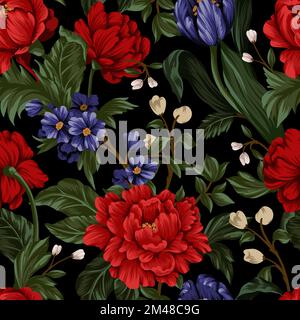 Seamless pattern with red peonies and small flowers. Vector. Stock Vector