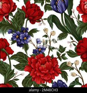 Seamless pattern with red peonies and small flowers. Vector. Stock Vector