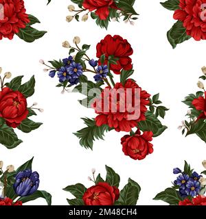 Seamless pattern with red peonies and small flowers. Vector. Stock Vector