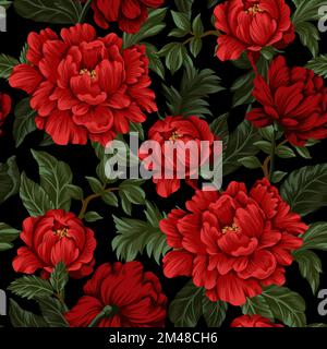 Seamless pattern with red peonies. Vector. Stock Vector