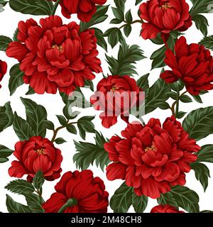 Seamless pattern with red peonies. Vector. Stock Vector