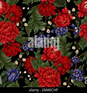 Seamless pattern with red peonies and small flowers. Vector. Stock Vector