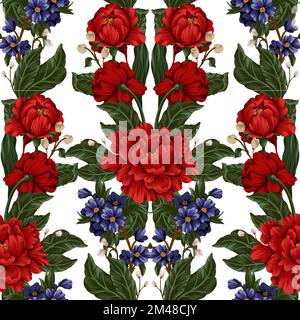 Seamless pattern with red peonies and small flowers. Vector. Stock Vector