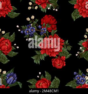 Seamless pattern with red peonies and small flowers. Vector. Stock Vector