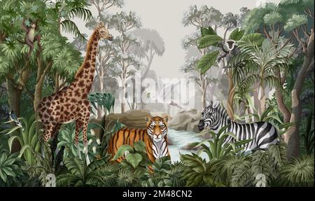 Jungle landscape with wild animals for kids. Vector. Stock Vector