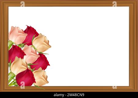 Pink, red and white roses in a wooden frame on a white background with copy space. Concept of mother's day, valentine's day, women's day. Vector image. Stock Vector