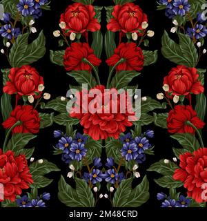 Seamless pattern with red peonies and small flowers. Vector. Stock Vector