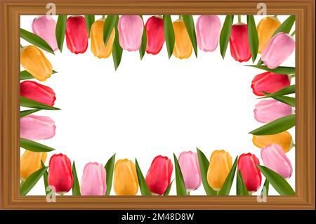 Multicolored tulips inside a wooden frame. Background for banners, posters, postcards. Concept of mother's day, valentine's day, women's day. Vector image. Stock Vector