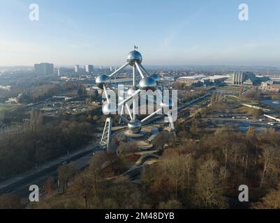 Brussels, 17th of December 2022, Belgium. The Atomium is a monument in the Heysel Park in Brussels. steel construction consisting of nine spheres Stock Photo