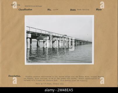 Widening Concrete Substructure on Chowan River Bridge. Original caption: Widening concrete substructure on old, narrow bridge over the Chowan River, between Edenton and Windsor, North Carolina, on U.S. 17. Timber superstructure to be replaced with I-beams and concrete deck. View showing piles and widening. Photo by T. W. Kines. State: North Carolina. Stock Photo