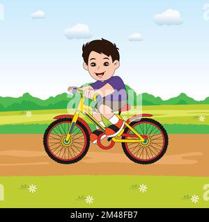A boy riding a bicycle in garden cartoon character illustration Stock Vector