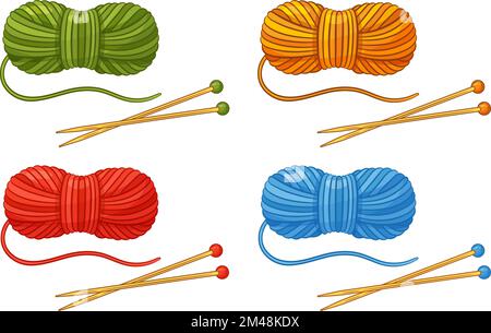 Skein wool yarn thread, ball with knitting needles icon set. Cotton clew filament roll. Handmade knit. Hand needlework hobby. Knitwear material vector Stock Vector