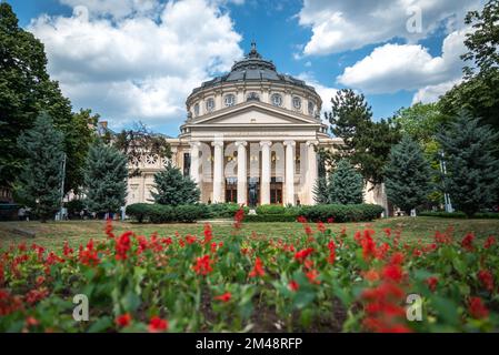 A beautiful view of the Romanian Athenaeum in Bucharest with a green garden in the front Stock Photo