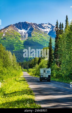 Camper driving the Stewart-Cassiar Highway; near Red Flats Rest Area; Oweegee Range; British Columbia; Canada Stock Photo